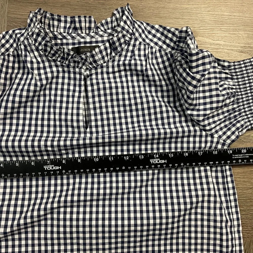 J.Crew Gingham Ruffle Neck Puff Sleeve Boho Cotton Top XS Navy White Cottagecore